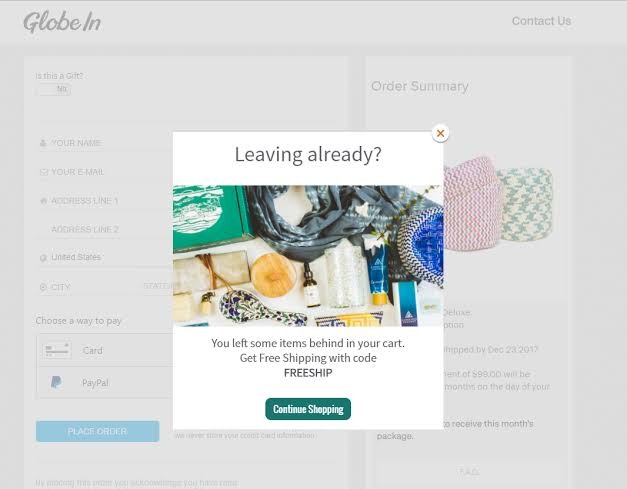 Example of exit intent popup with free shipping
