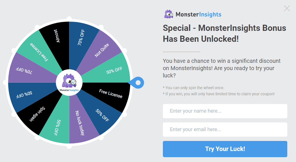 Monster Insights Exit Spin Wheel Popup
